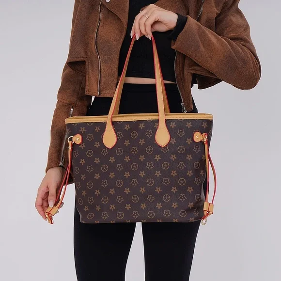 Brown Designer Monogram Shoulder Tote Bag - Picture 2 of 10